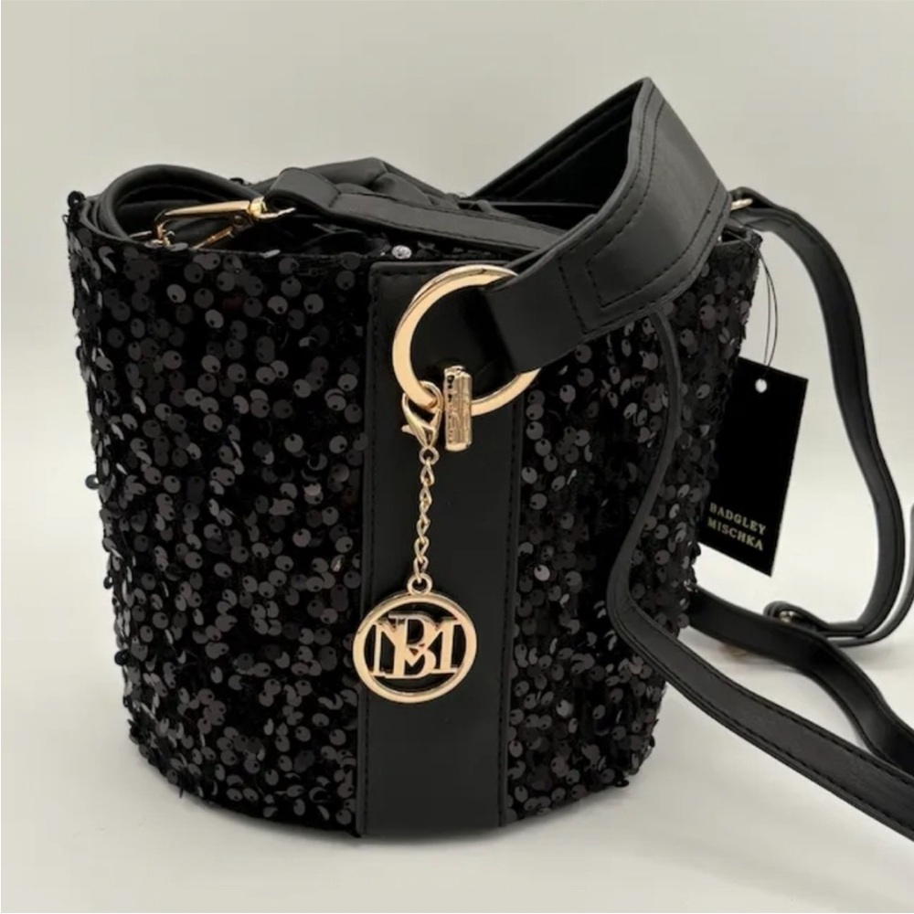 Badgley Mischka Black Sequin Bucket Bag with Gold Accents - Picture 3 of 10